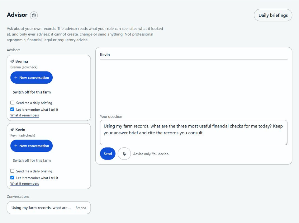 Autarla AI advisor workspace with advisor selection and conversations about example farm records