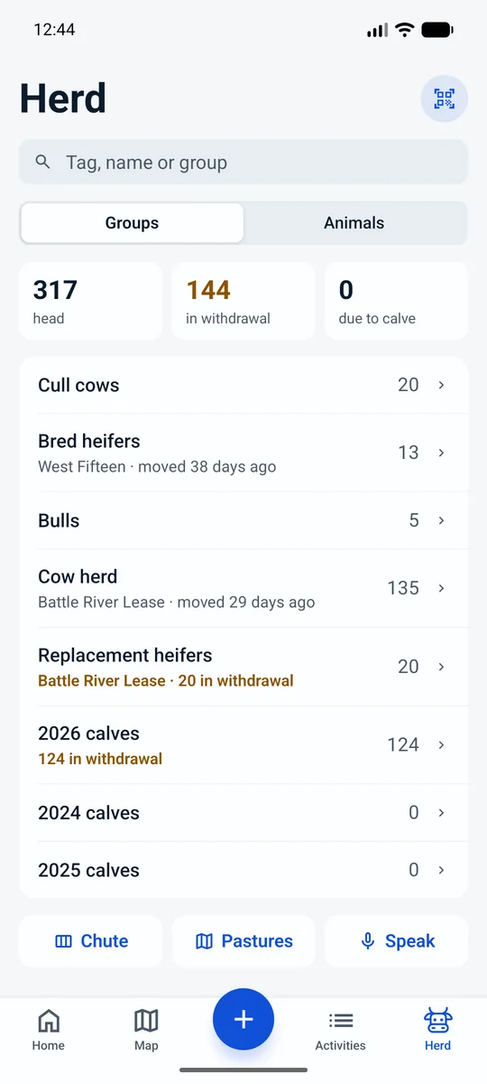 The Autarla app’s Herd screen with groups, head count and animals in withdrawal