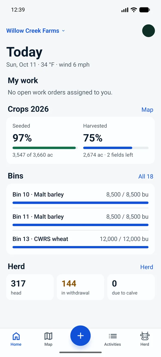 The Autarla app’s Home screen with this year’s crops, bins and herd