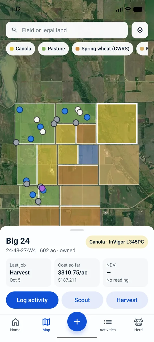 The Autarla app’s farm map, with fields coloured by crop and one field open