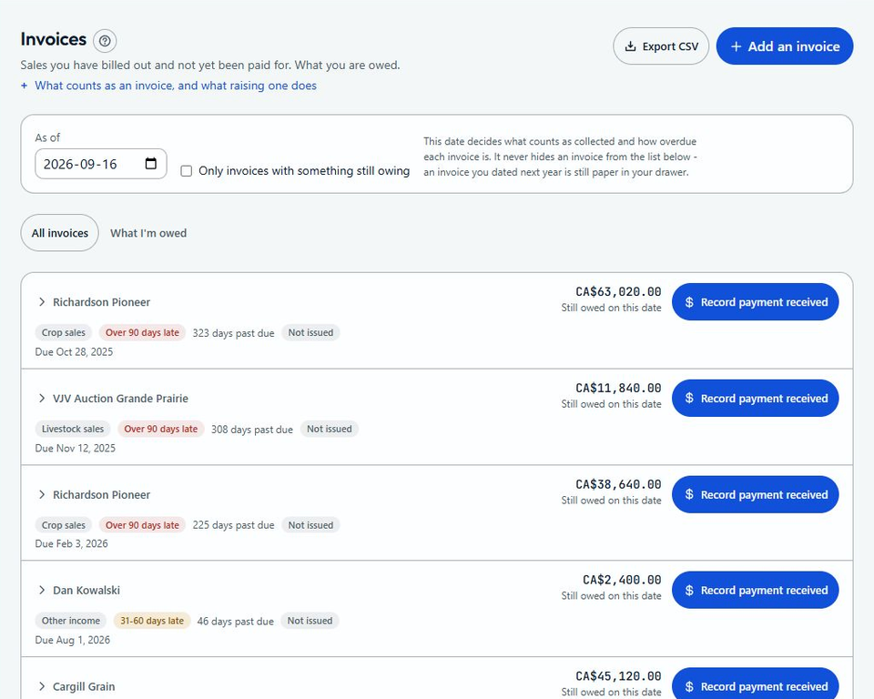 Autarla invoice management with customer balances, payment status and due dates