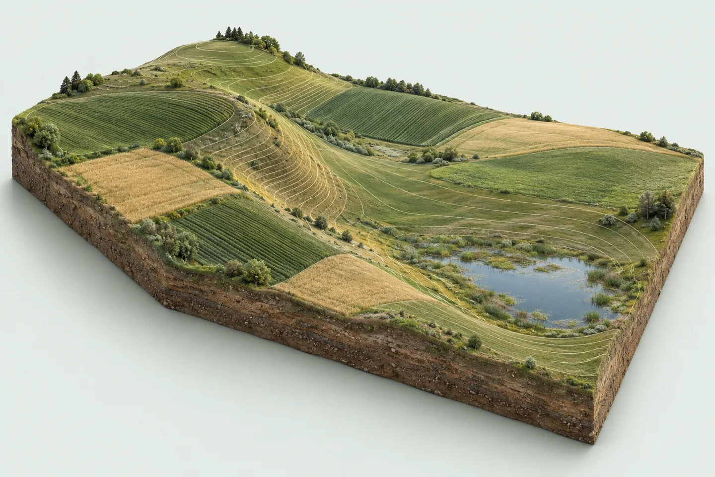 Illustrative farm terrain with a high ridge, a steep hillside, downhill contours and a low wet basin; not a real farm survey